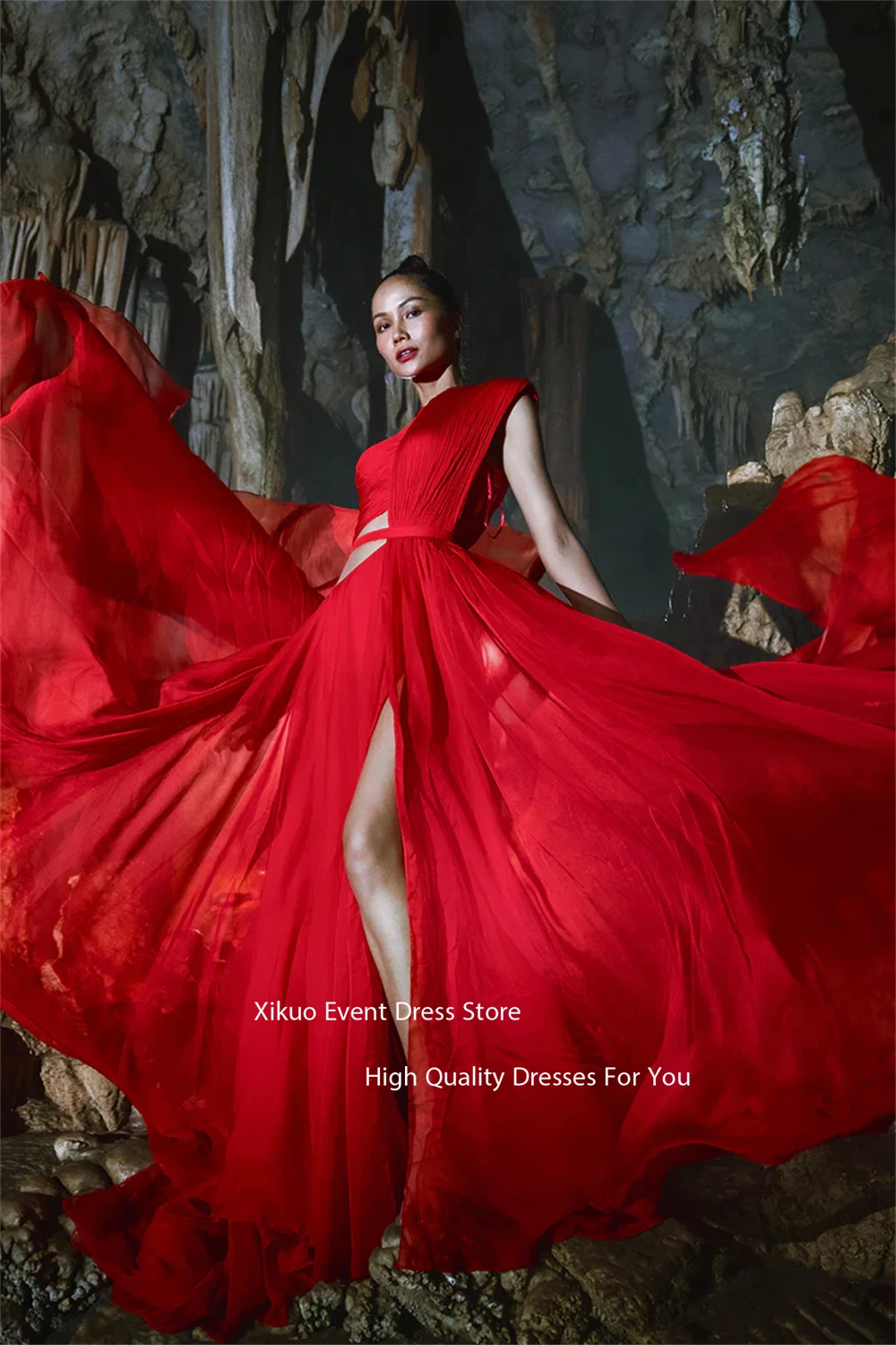 Xikuo Rot Fließende Abendkleider Hohe Schlitz Maxi Prom Kleider Chiffon Eine Schulter Ausschnitt Vestidos De Fiesta Mujer Angepasst