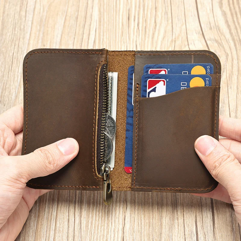 Vintage Crazy Horse Leather Short Zipper Coin Purse Double-Fold Card Holder Walletcard holder wallet Retro Card Box