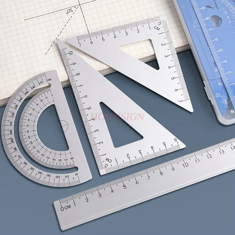 4pcs/set Aluminum alloy ruler set for elementary school students, triangle board compass, protractor, triangle ruler set
