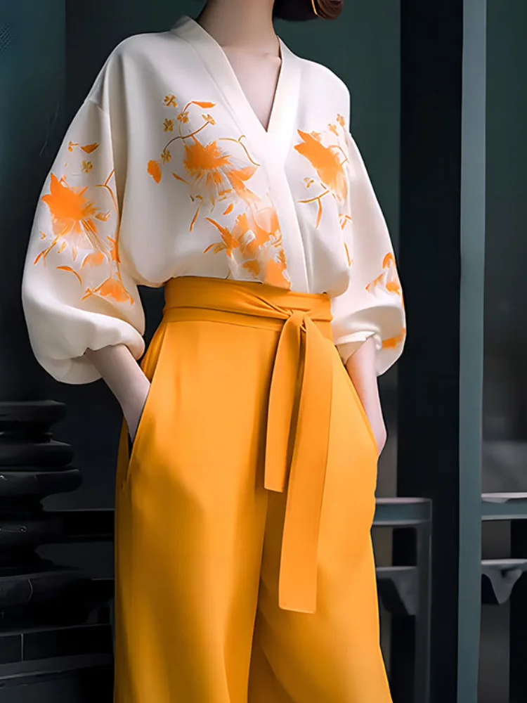 

Orange Women's Blouse and Pants Two Piece Set Holiday Outfits Shirt Ladies Trouser Printing Top Bottom Korea Stylish Full Cheap