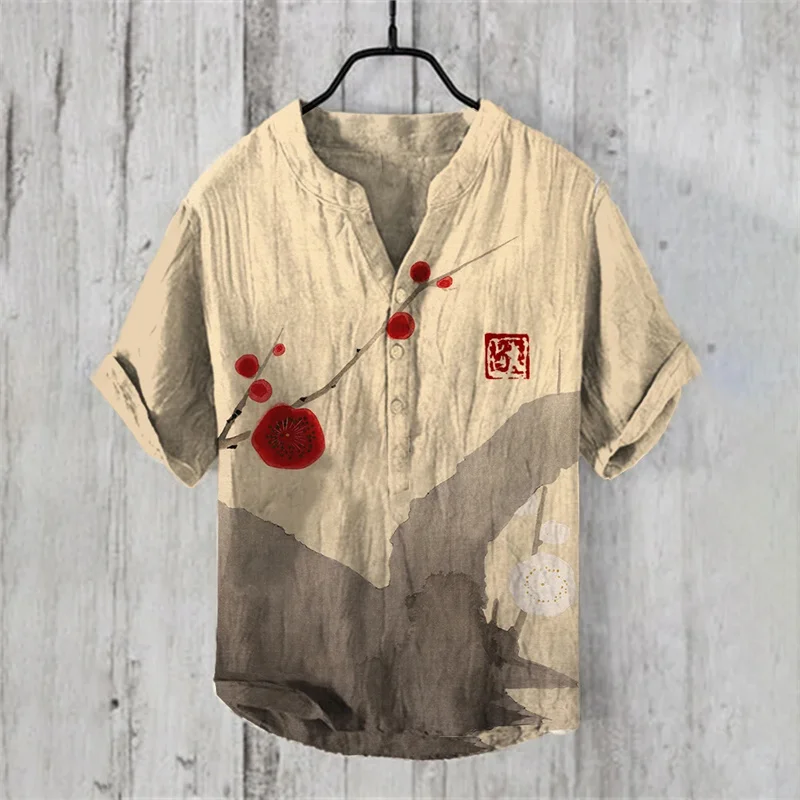2025 Summer New Men's Fashion Linen Short Sleeve T-shirt Transnational Men's Button V-neck Art 3D Printed Top S-5XL