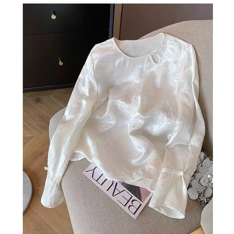 

Women Spring Autumn Elegant Temperament Jacquard Satin Long Sleeve Shirts Ladies Simplicity Office Lady All-match Casual Tops