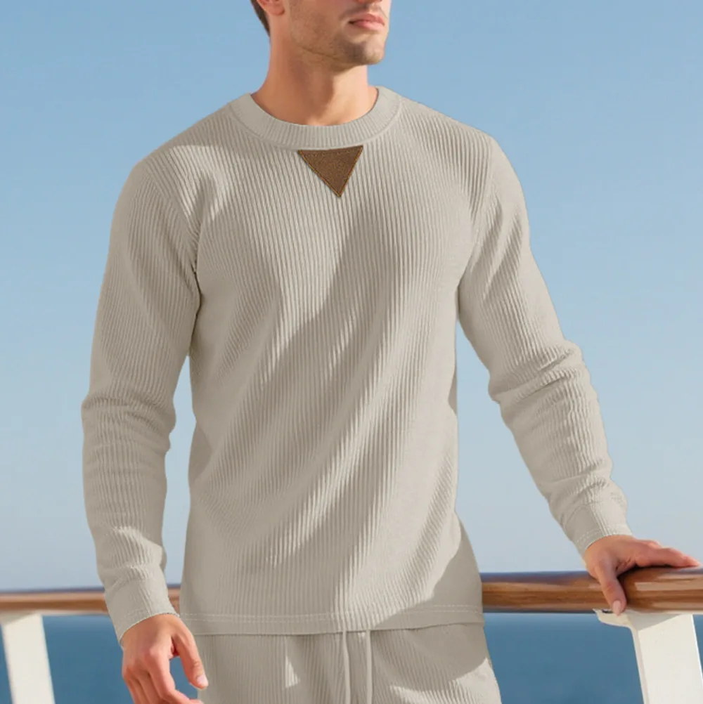 Men's Spring and Autumn Texture V-Neck Triangle Splicing Casual Large Size Long Sleeve Cross-border T-Shirt cw48956