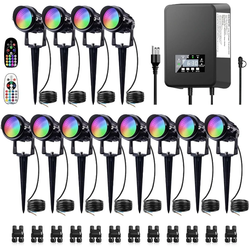 12 Pack RGBW Color Changing Landscape Lights 300W Low Voltage Landscape Transformer LED Landscape Lighting Kit Waterproof