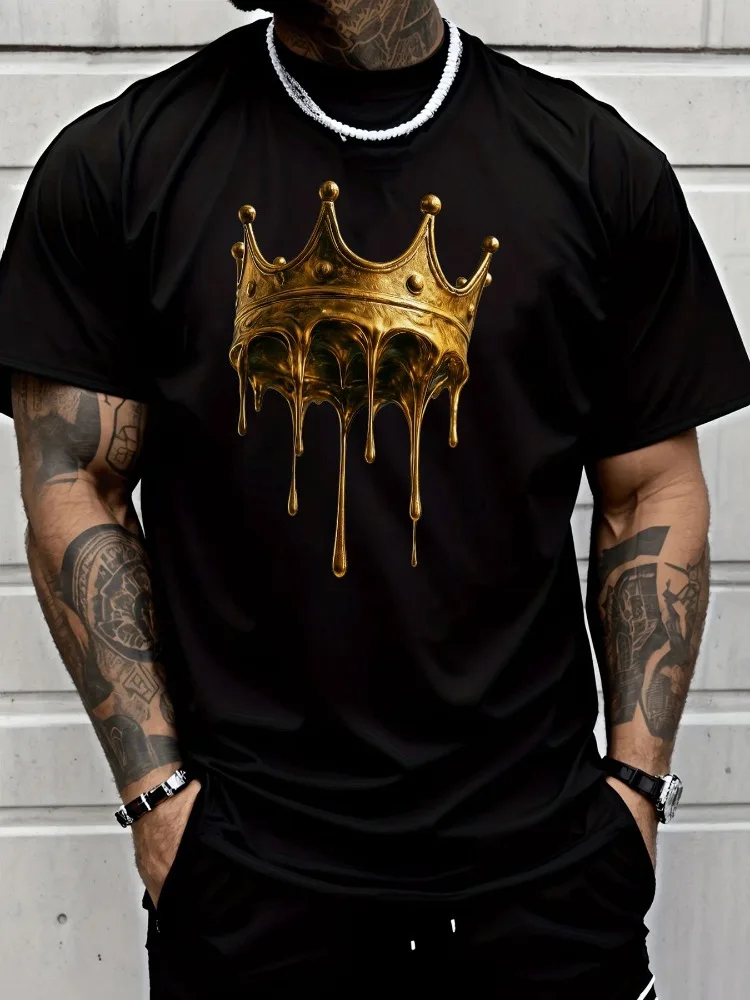 Matte Black Mens Loose Cotton Tshirt Shiny Drip Golden Crown Art Print Crew Neck Hip Hop Youth Summer Daily Short Sleeve Tee