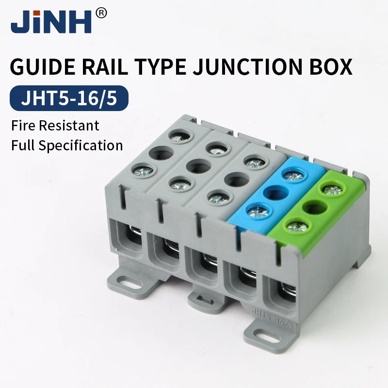 

JINH JHT5 5P 6-16mm² 3P+N+E Aluminum Distribution Block Din Rail Cable 1 in Multiple Out Universal Connector Terminal Block Box