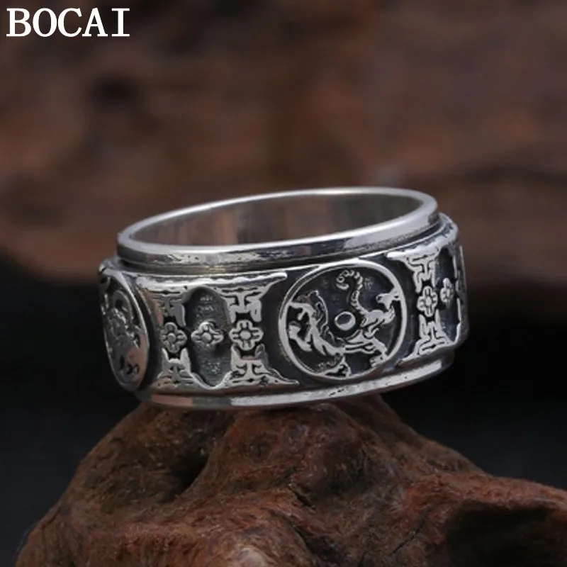 BOCAI NEW S925 Pure Silver Jewelry Four Beasts Good Luck Green Dragon White Tiger Suzaku God Turtle Turn Trendy Man Ring