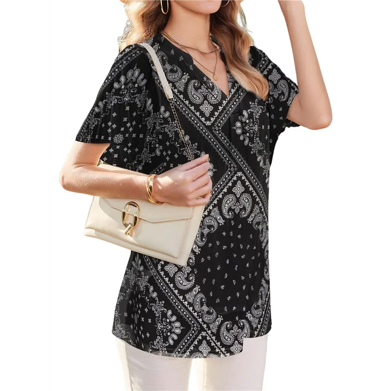

Women's Short Sleeve V Neck Blouses Shirts Floral Double Layers Mesh Tunics Tops