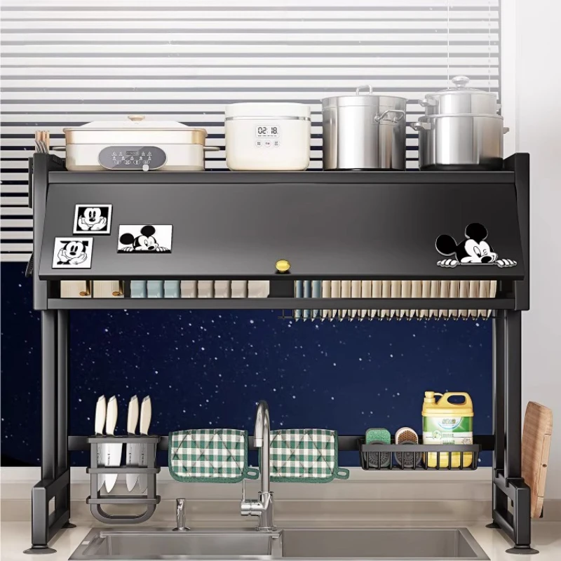 Double Layer 304 Stainless Steel Sink Dish Drainer Rack Dustproof Cabinet w/Thick Poles Spacious Utensil Holder Organizer