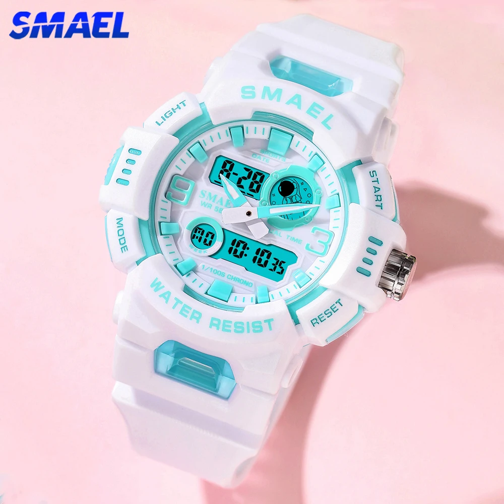 SMAEL New Quartz Digital Watch for Woman Dual Time Display Sport Fashion Lady White Wristwatches 8083 Date Week Female Stopwatch