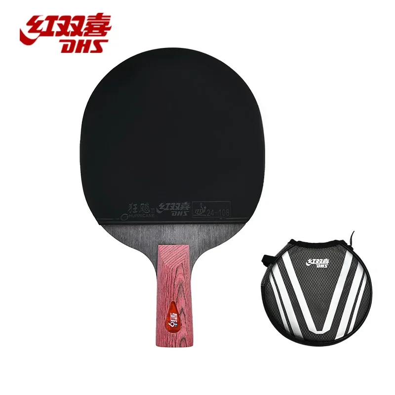 DHS DIAMOND Black, een professioneel tafeltennisracket met 7 lagen, voorzien van Hurricane 3-beschermfolie, ideaal voor spin en snelheid.