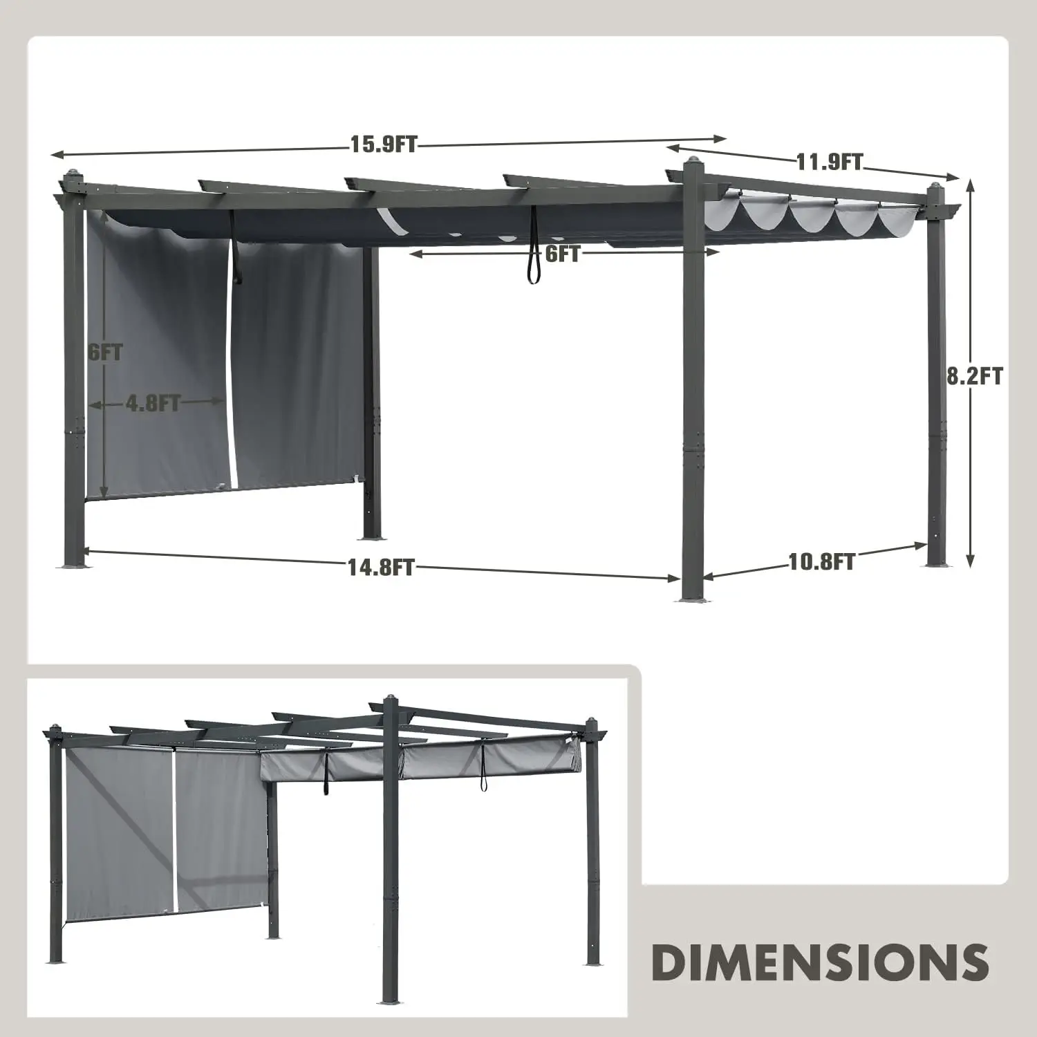 16 x 12 FT Outdoor Pergola with Retractable Shade Canopy, 2 Pieces Roller Shade Curtain, Grape Trellis Pergola