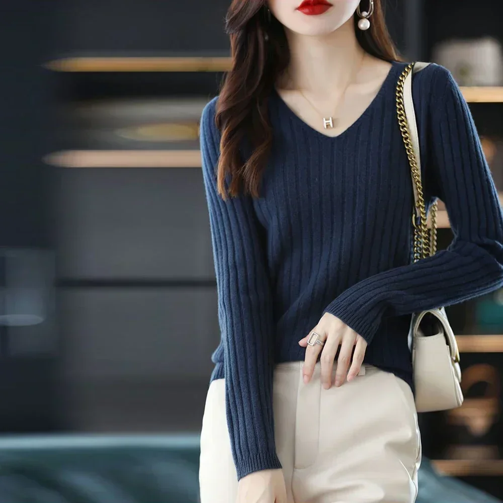 Stretch V-neck Full Sleeved Knitted Sweater Girl Black Red Coffee Yellow Long Sleeved T Shirt Womens Knitwear Tops A RAN A YUE