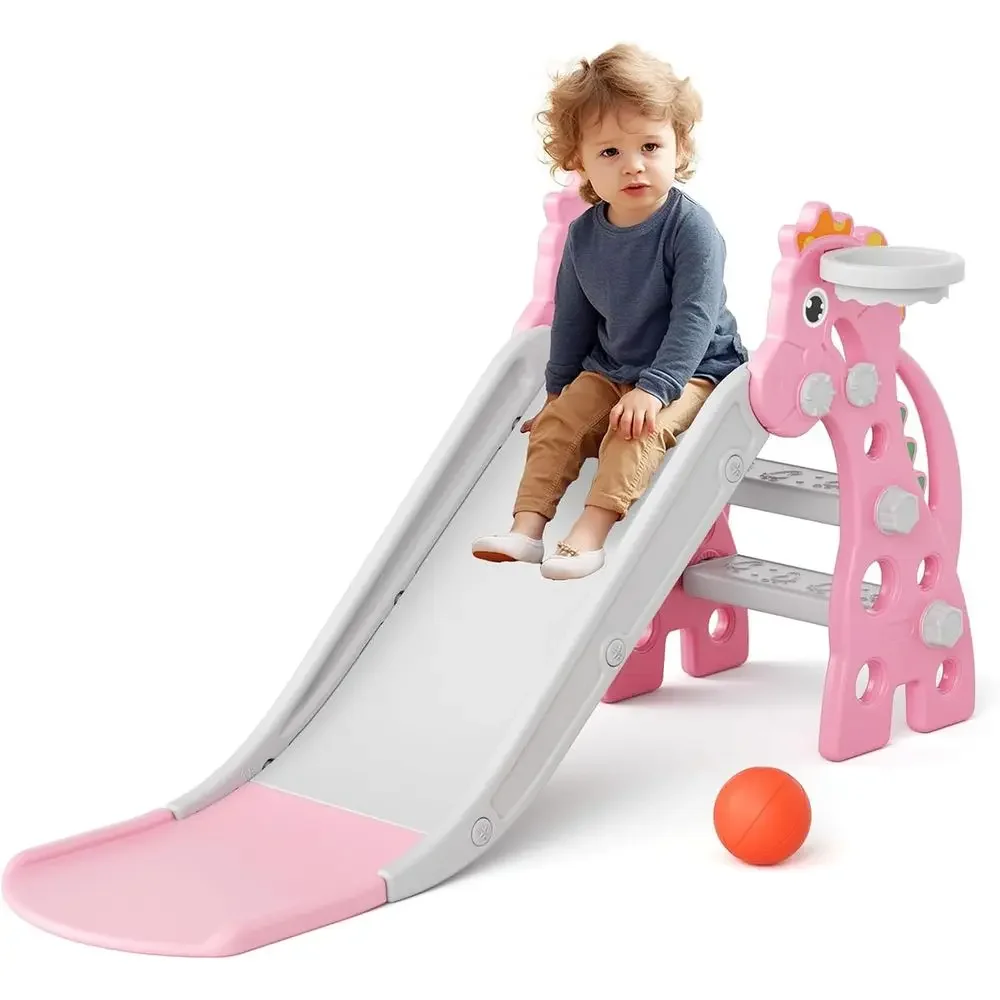Indoor Toddler Slide or Outdoor Playset with Basketball for Ages 1-3, Pink