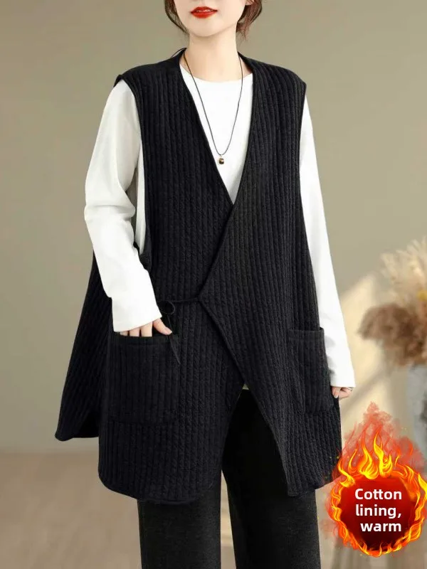 الرجعية خفيفة الوزن الصينية خياطة القطن سترة كبيرة الحجم المرأة V-Ne مربوط غير المتكافئة oulder أعلى الخريف الشتاء #1