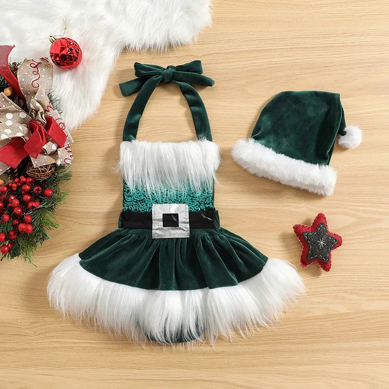 Baby\'s Clothes Girls Christmas Romper Dress Sequins White Plush Trim Patchwork Halterneck Sleeveless Tutu Jumpsuits with Hat