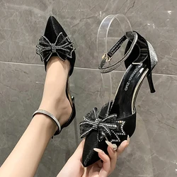 Fashion Crystal Bowknot Black Pumps Women Ankle Strap Thin Heel Party Shoes Woman Pointed Toe Buckle Super High Heels Shoes Lady