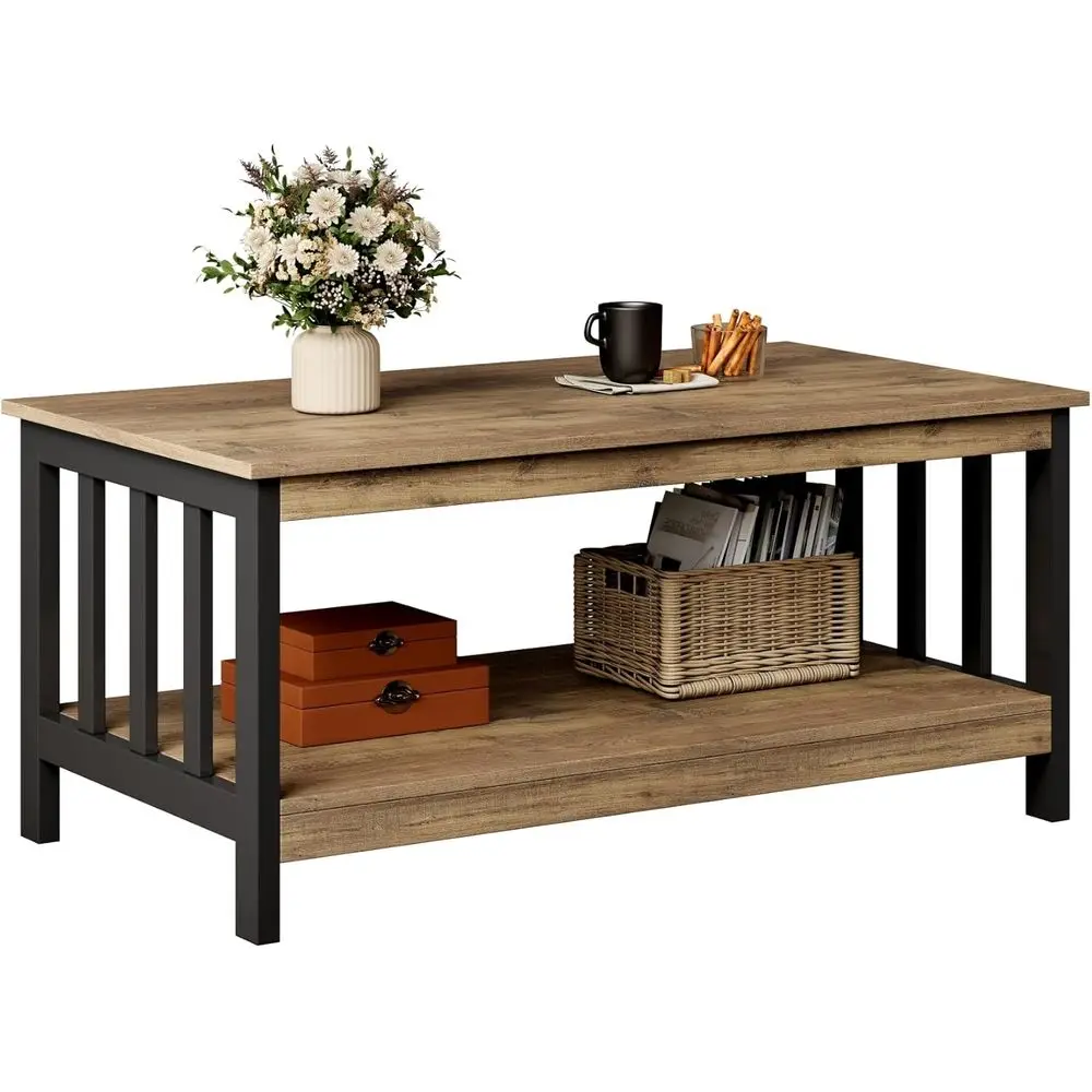 Mesa de sala de estar rústica de carvalho e fazenda preta com prateleira, 40 polegadas