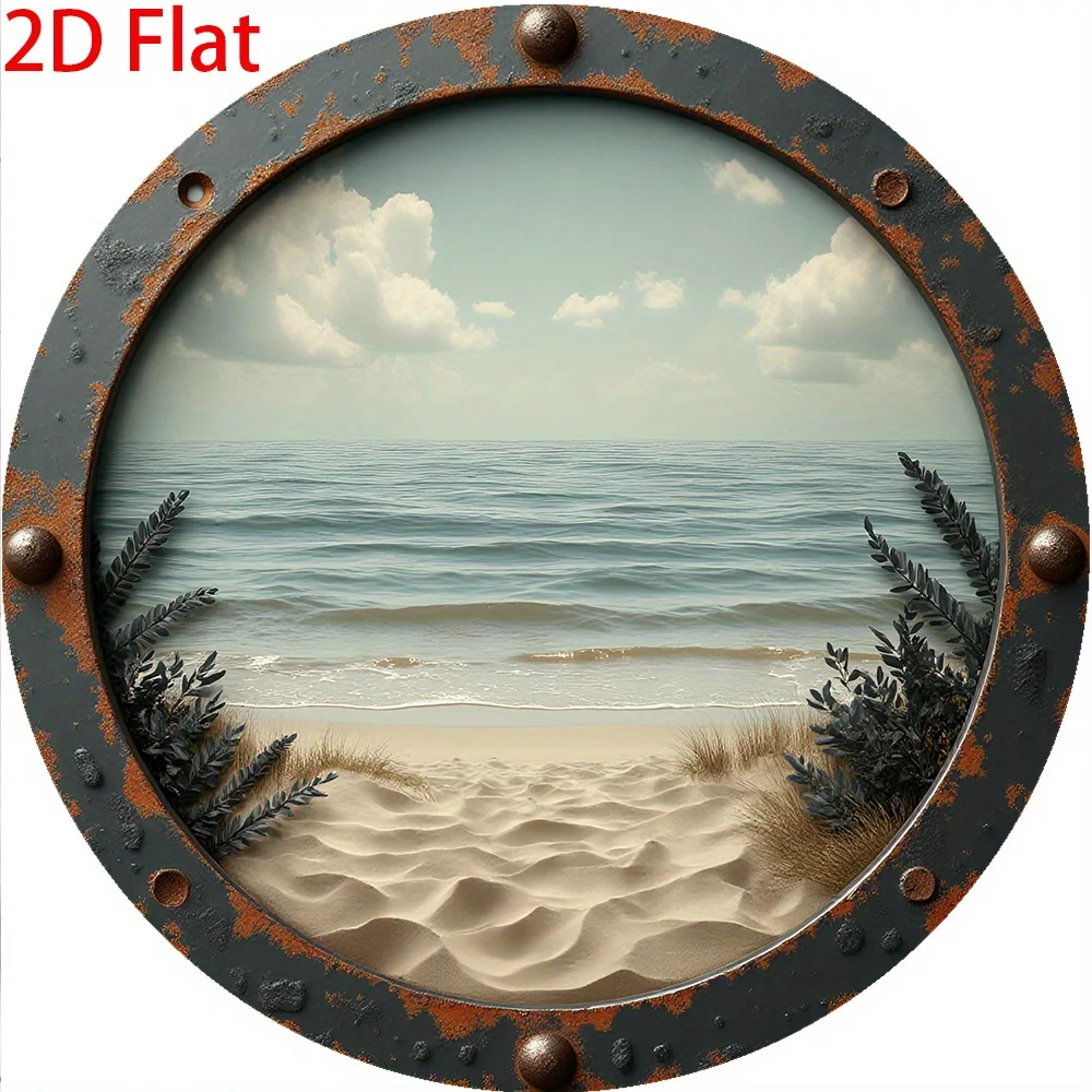 2D Flat - 1pc Vintage Round Aluminum Tin Sign, 20.32X20.32 cm, Retro Beach Scene Wall Art, Multipurpose Decorative Plaque for Ho