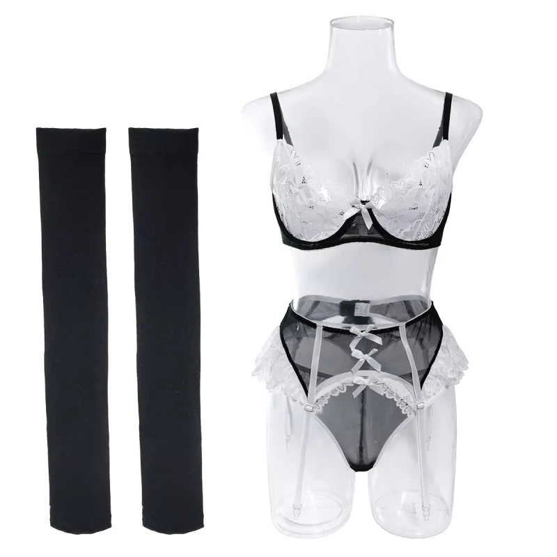 Bikini fashion sexy lace see-through contrast color patchwork maid lingerie set with stockings