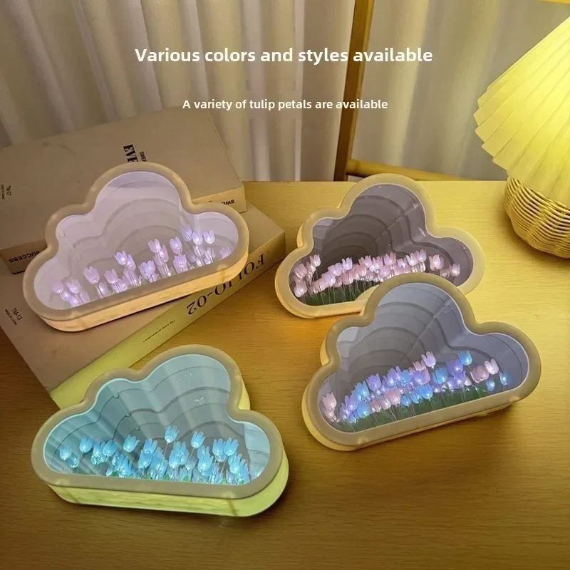 DIY Cloud Tulip Night Light Handmade Material Flower Home Decor Mirror Creative Atmosphere Lamp Valentine\'s Day Birthday Gift