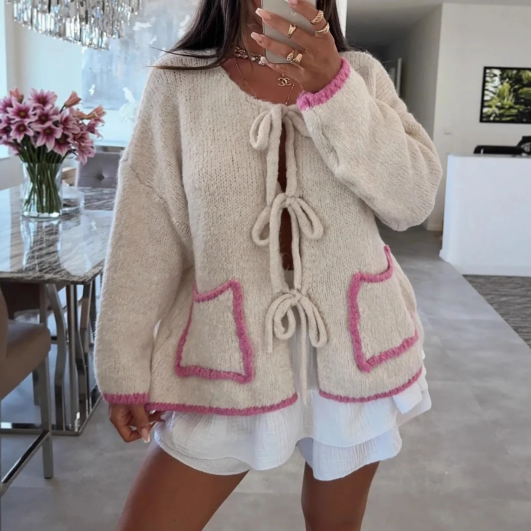 

Autumn/Winter 2025 Sweater Contrast Bow Lace-Up Casual Loose Long Sleeve Pocket Knit Top