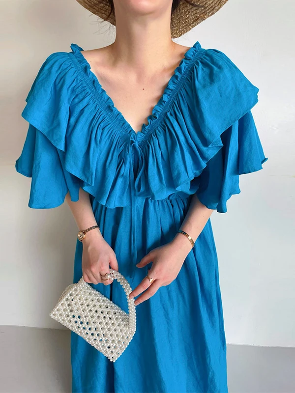 Retro Chic Summer V-neck Drawstring Waist Gored Skirt Hem Pleated Gathered Sleeveless Women's Dress Fashionable Casual Korean...