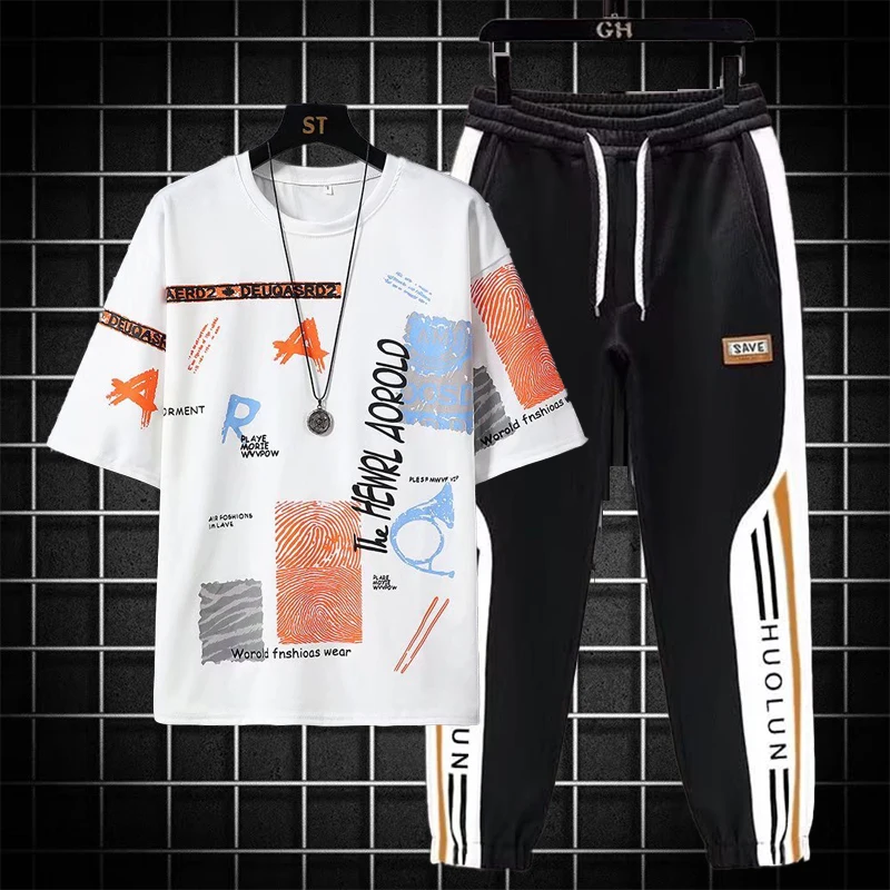 Mens Joggers Set 2022 New Mens Clothes Korean Fashion Outfit Set  Print T-shirt Multi-pocket Cargo Pants Two Piece Set Summer