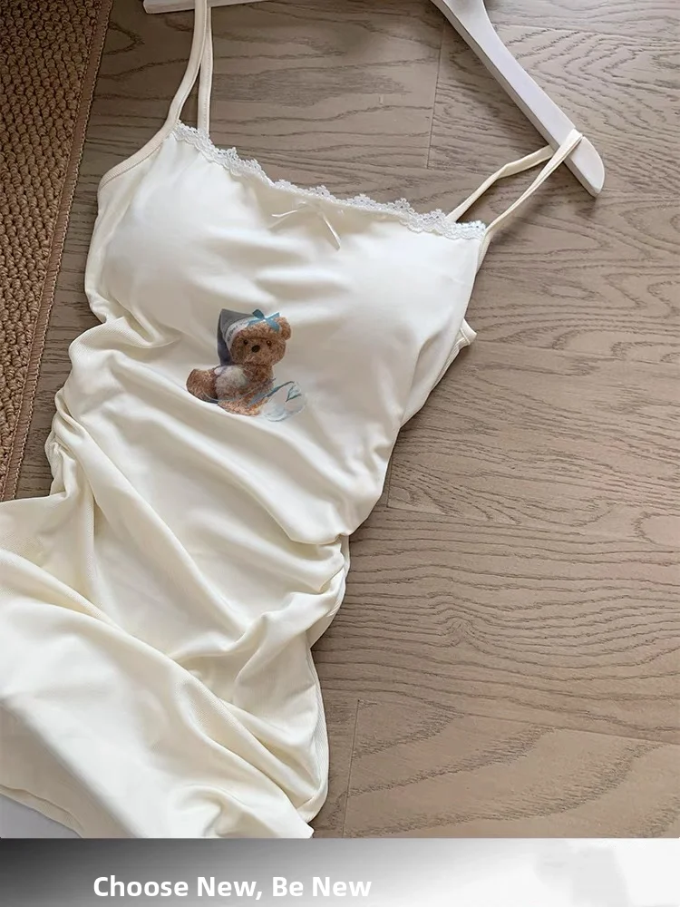 

Cute Cartoon Bear Women's Nightgown Large Size Strap Lace Trimmed with Chest Pad Long Home Clothes Summer Spwear