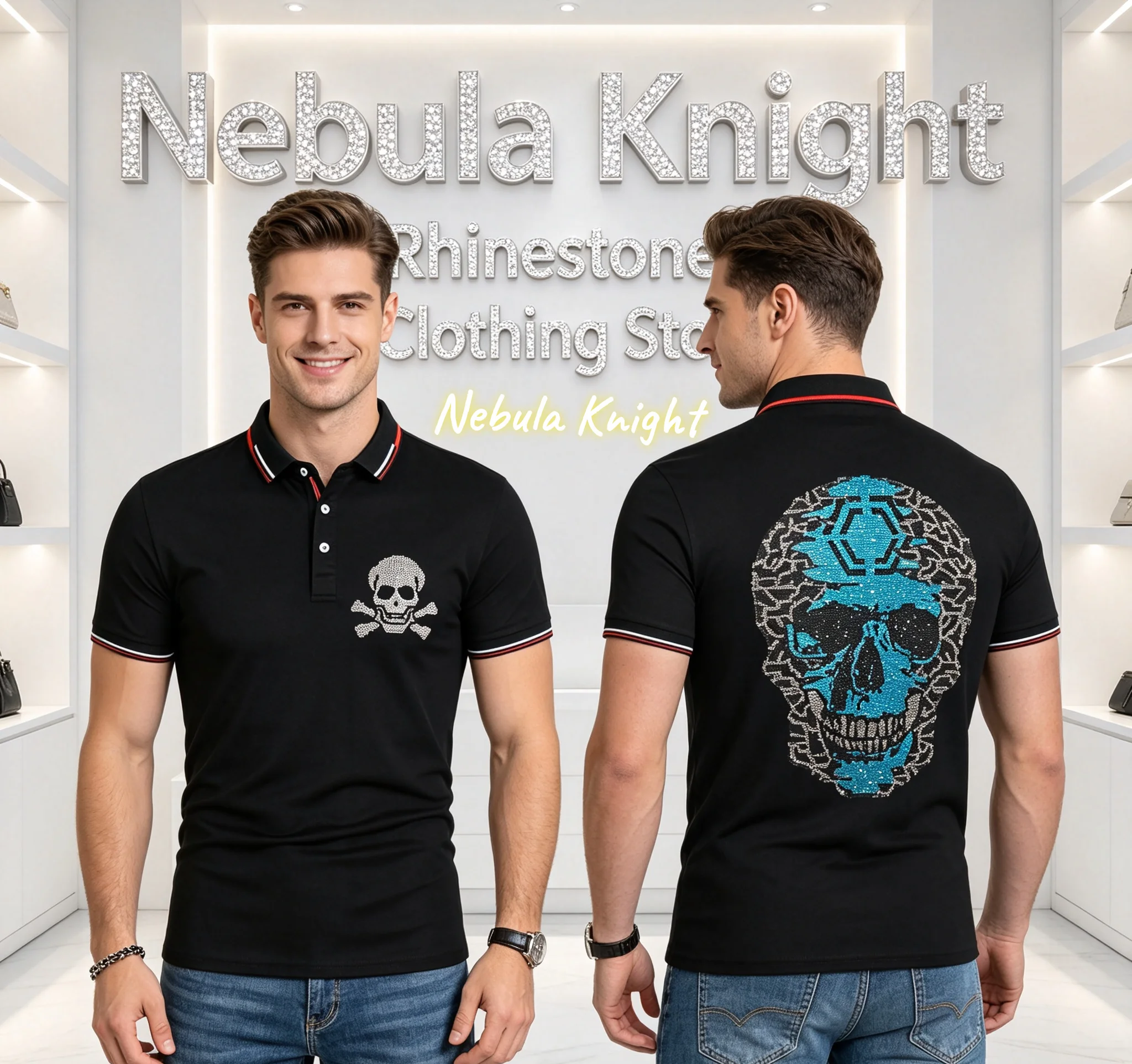 Men's Summer Casual Short Sleeve Polo Shirt Rhinestone Diamond Detail Breathable Fashion Daily Top