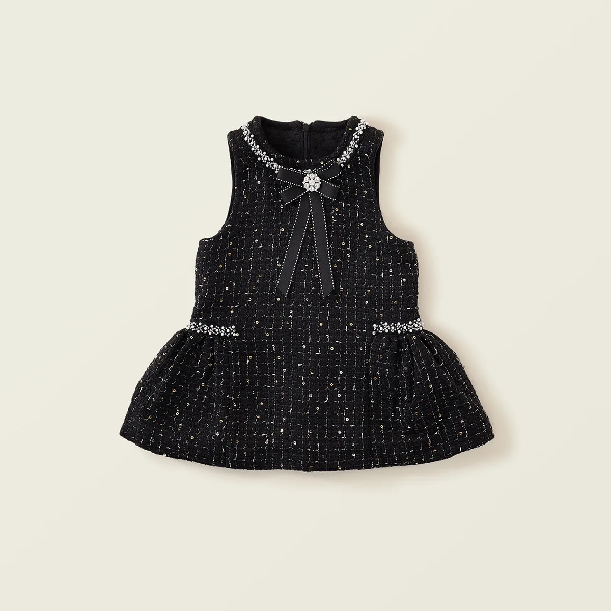 Girls' Coarse Tweed Sleeveless Vest Dress 2025 Autumn Winter Thick Velvet Baby Girls Beading Sequin Plaid Princess Dress