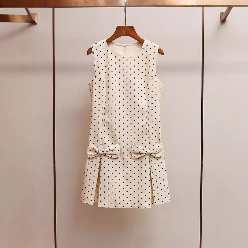 

MaSande High-End Women's Short Sleeveless round Neck Knot Princess Style Dress Polka Dot Commute Style mid Waist A-...