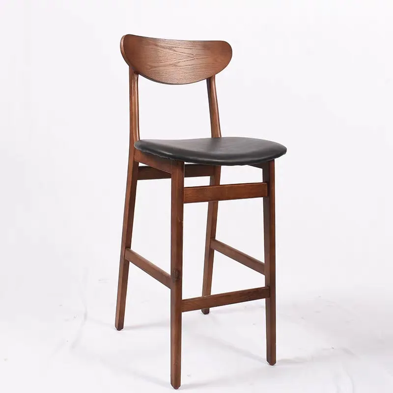 

Simple Nordic Vintage Counter bar Stool Pure Solid Wood Frame Leather Seat Cushion High bar Stool Restaurant Cafe bar Chair
