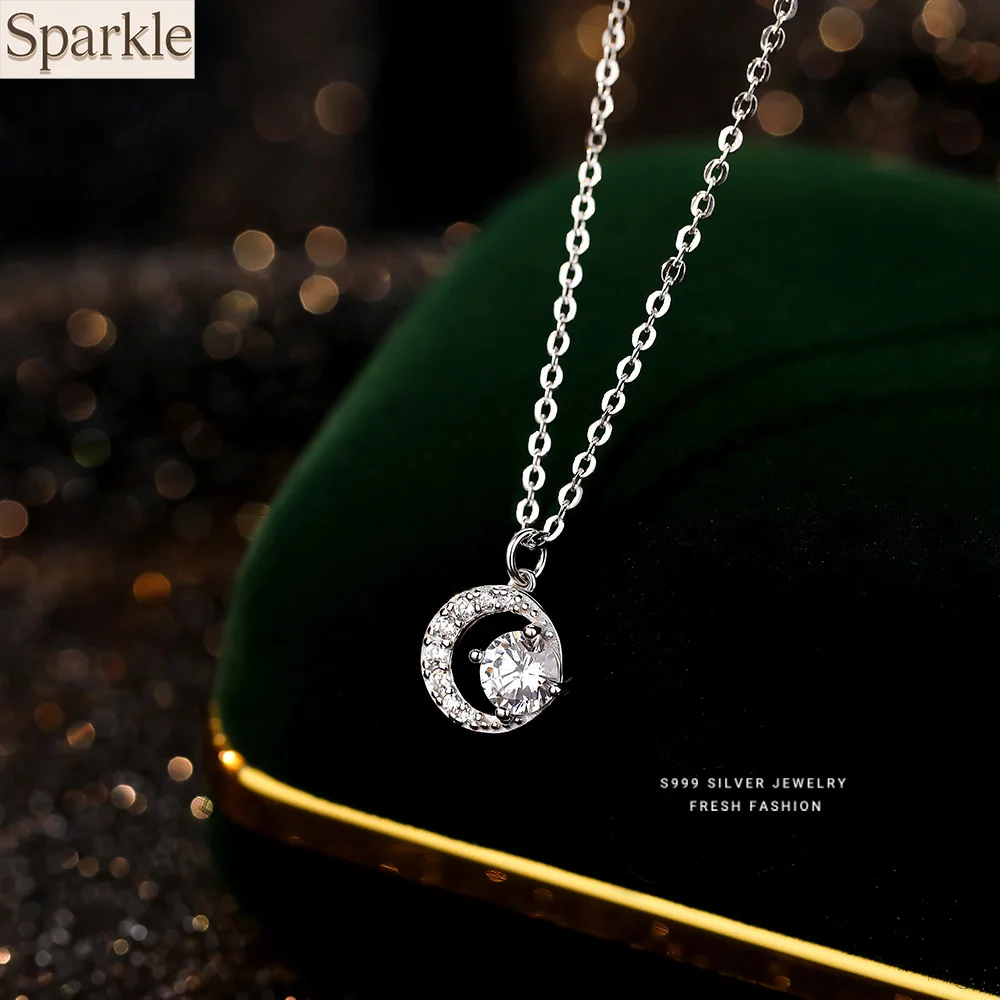 

999 Sterling Silver Crescent Moon Pendant Necklace Sparkling Zirconia for Women Luxury jewelry Girls Gift