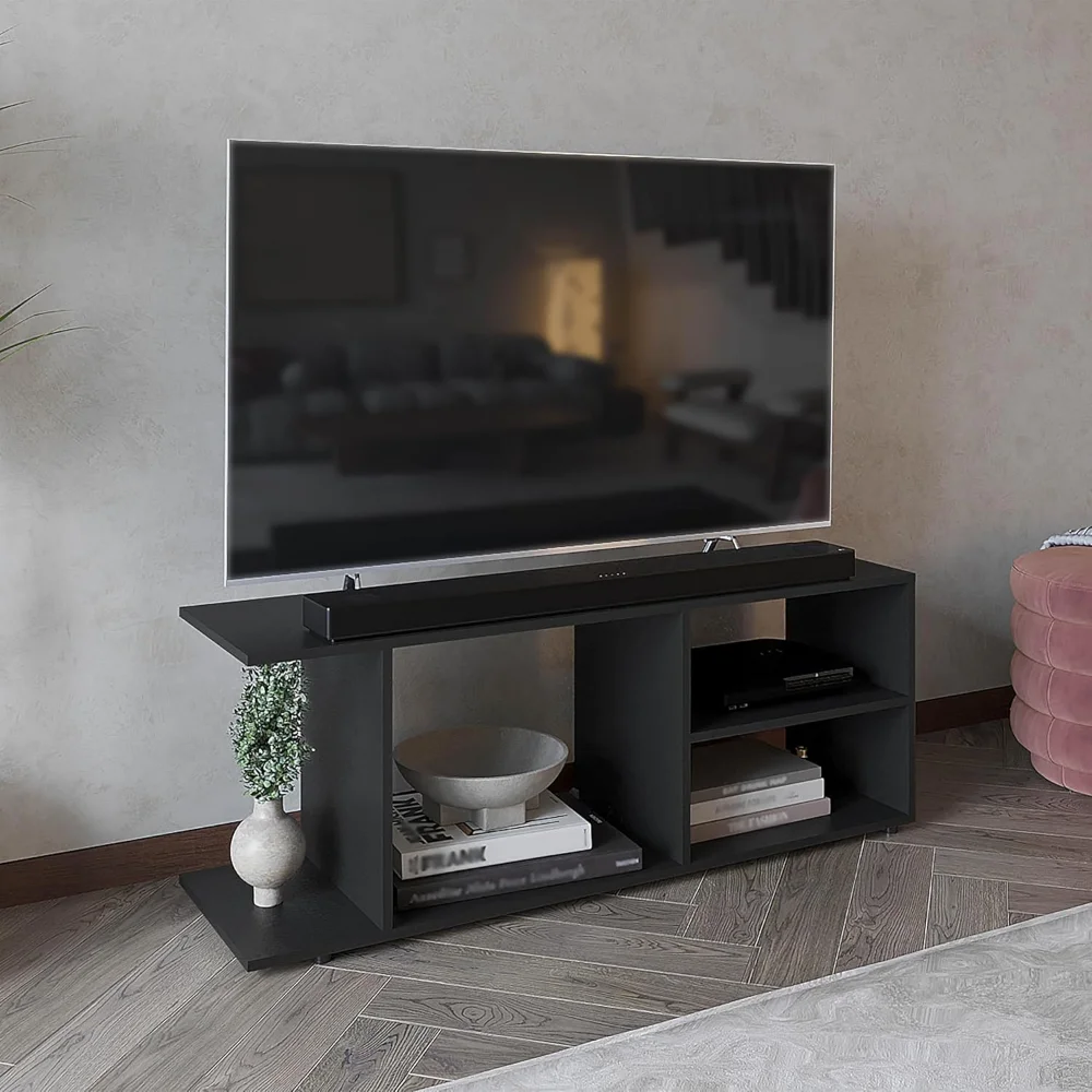 

Modern TV Stand for 65-Inch: Black Particle Board Entertainment Center - 5 Open Shelves & Spacious Surface - Living Room