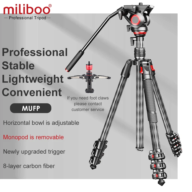 Miliboo MUFP Professional คาร์บอนไฟเบอร์น้ําหนักเบาขาตั้งขาตั้งกล้องหัวไฮดรอลิก Stable สะดวกสามารถใช้เป็น monopod