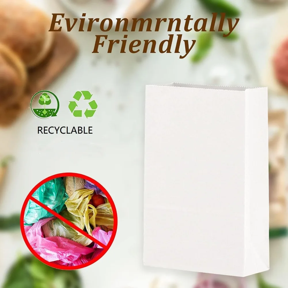 50 Large White Paper Lunch Bags 8LB Strong for Business & Home