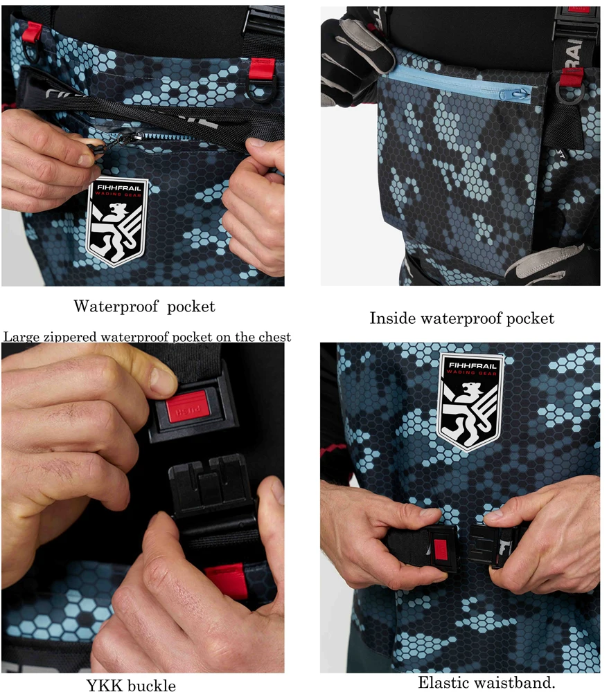 Wasserdichte Neopren-Angelhose für Herren, Tarnfarbene Wathose, Motorradhose, ATV-Fahrradsocke, fliegende Angelwader auf der Brust – Detail 7