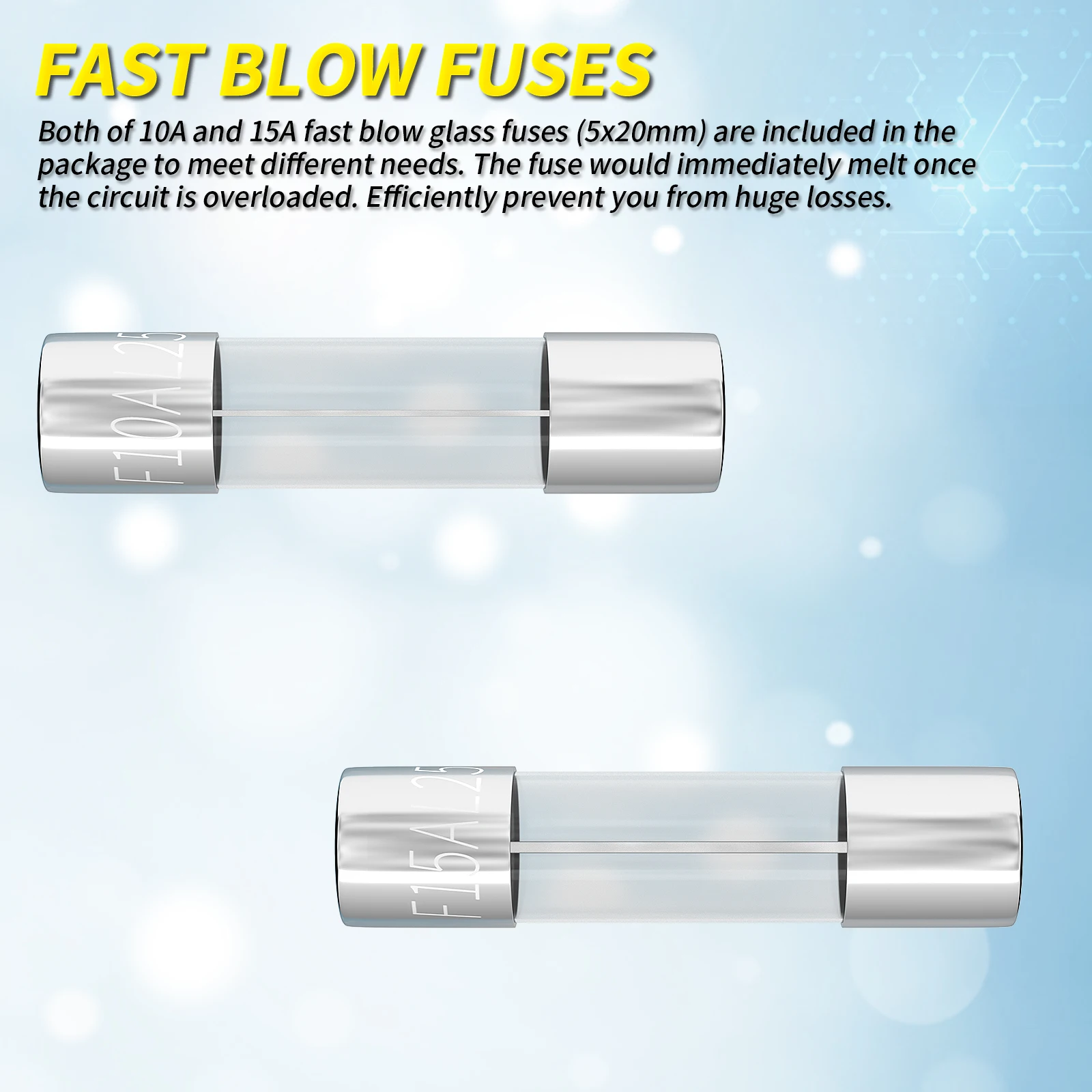 5PCS Panel Mount Fuse Holder 5x20mm 12VDC Screw Cap Fuse Holder with Pre-Soldered Wires & 10A 15A Fast-Blow Glass Tube Fuse