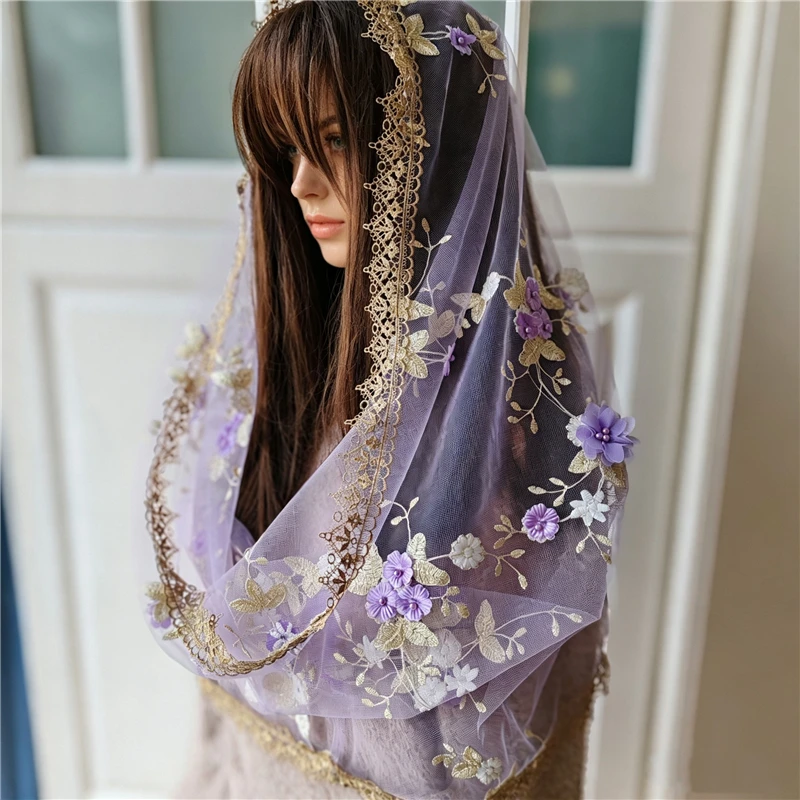 Purple And Gold Infinity Floral Women Mantilla Veils Catholic Lilac Chapel  Mass Church Head Covering Embroidered 3 D Flowers