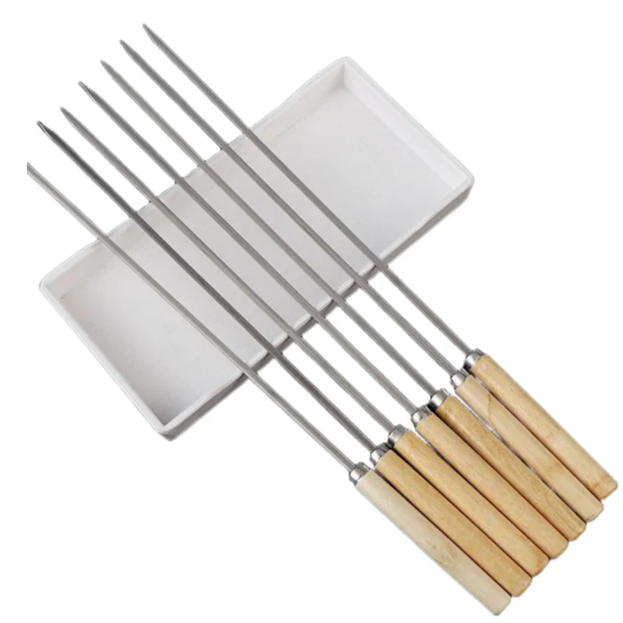 6pcs stainless steel barbecue skewers recyclable barbecue needles wooden handles lamb vegetable skewers Kitchen tool