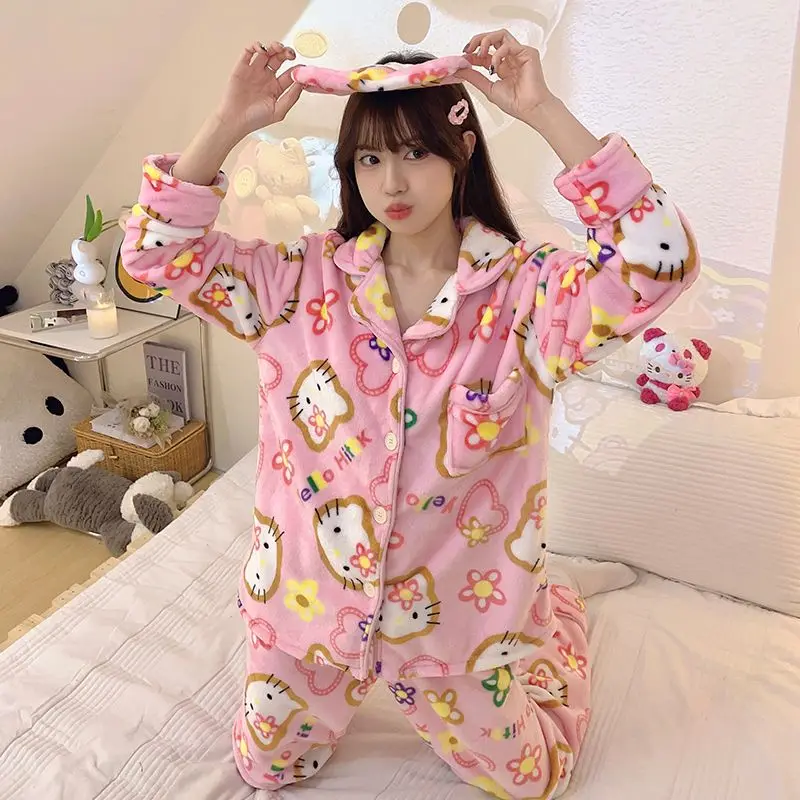 New Sanrio Hello Kitty Pajamas Kawaii Winter Women Sleepwear Fashion Cute Loungewear Cartoon Cat Warm Home Suit Y2k Nightgowns