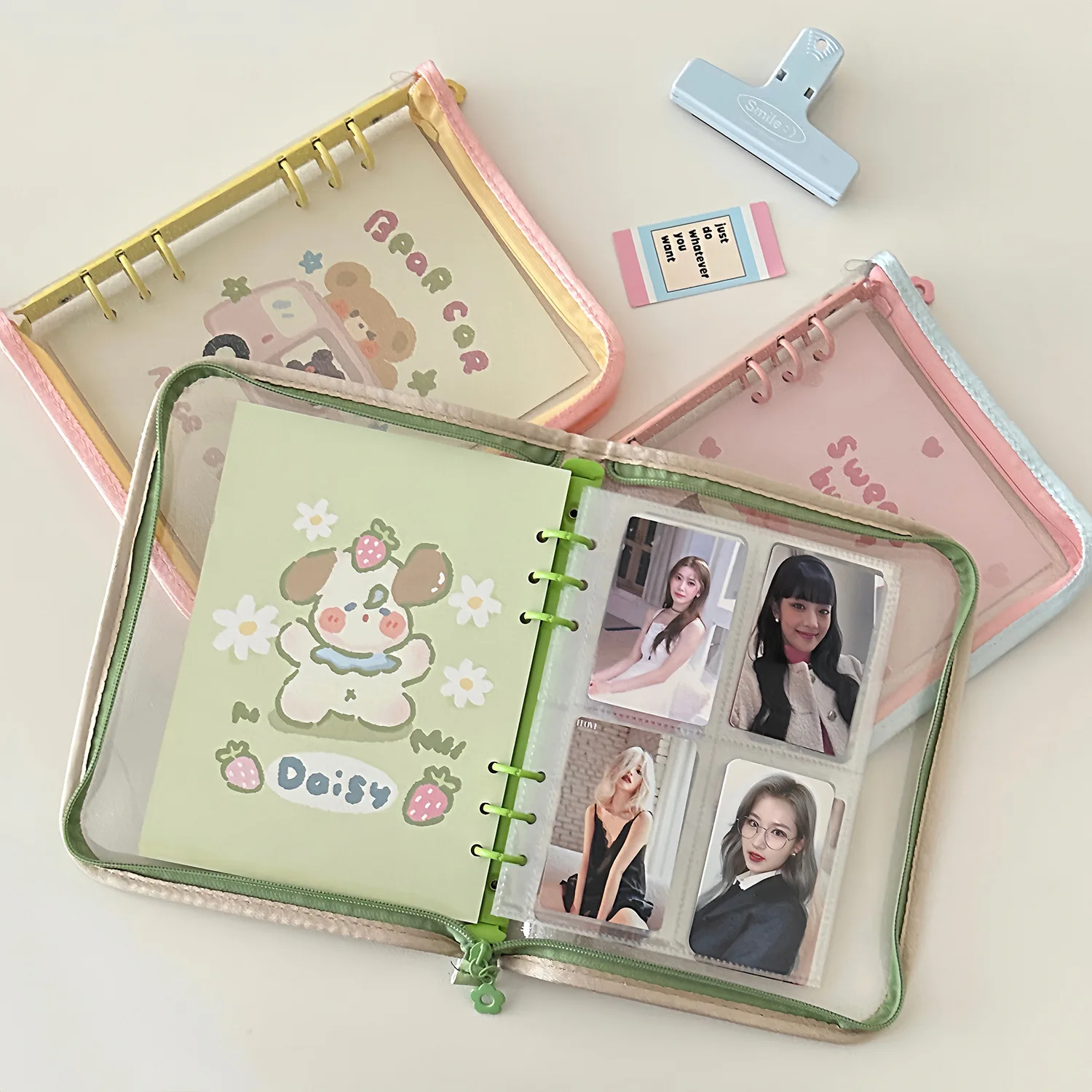 A5 Flash PVC Loose leaf Book Color Zipper Wrap Side Ledger Album Guka love bean Small Card Star Storage Office Files