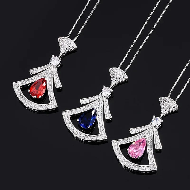 S925 Sterling Silver Small Skirt Necklace Red Water Droplet High Carbon Diamond Luxurious Charm Jewelry Women Dress Accessories