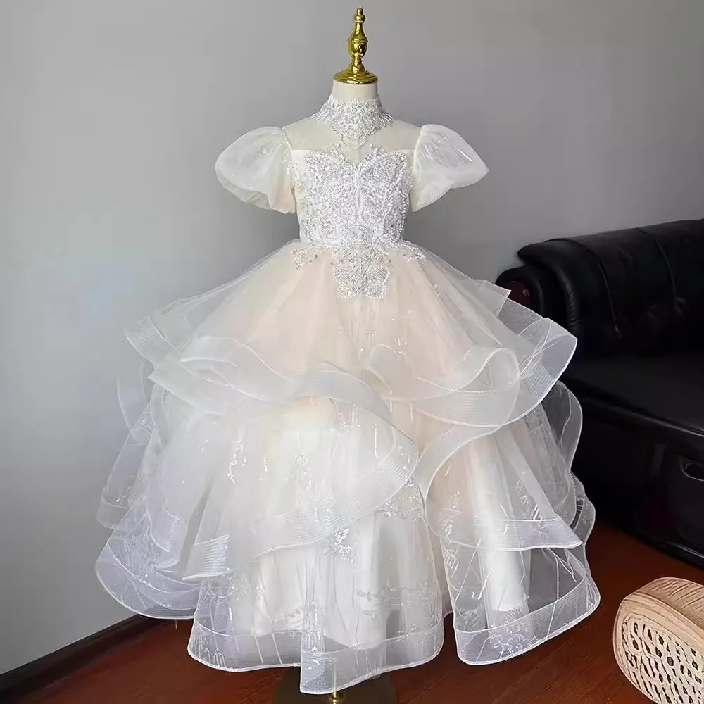 luxury Girls Princess sequin Children Beading tutu Wedding Gown Short sleeve Kids Dresses baby infant Birthday Party Dress