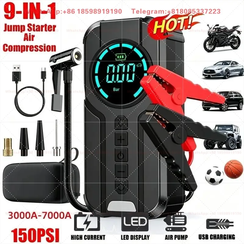 10000mAh Jump Starter Power Bank 3000-7000A with Air Compressor And Lighting Features for Car Battery Starter And Tyre Inflating