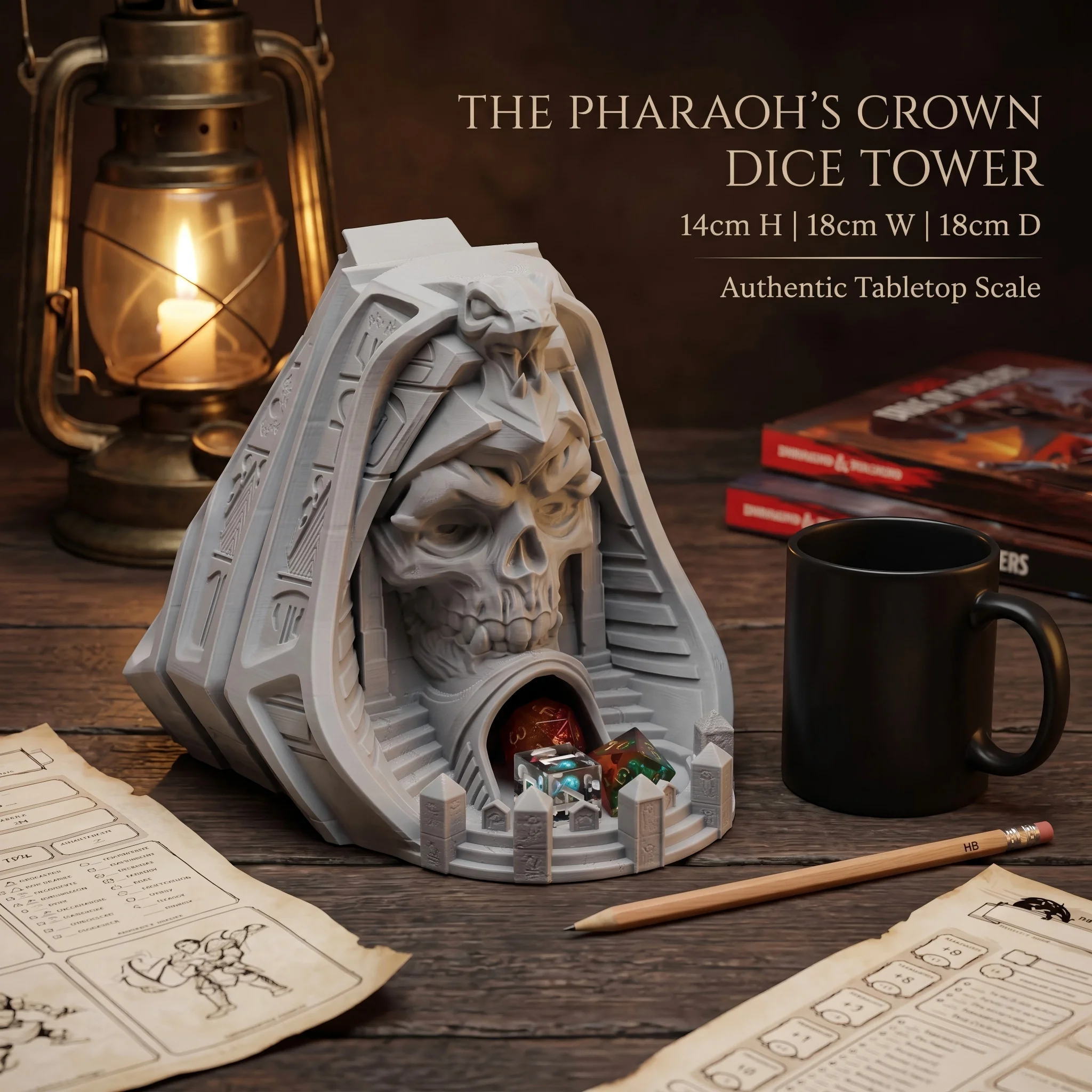 Pharaoh Skull Dice Tower - adding a high degree of randomness to role-playing board games and other competitive games.