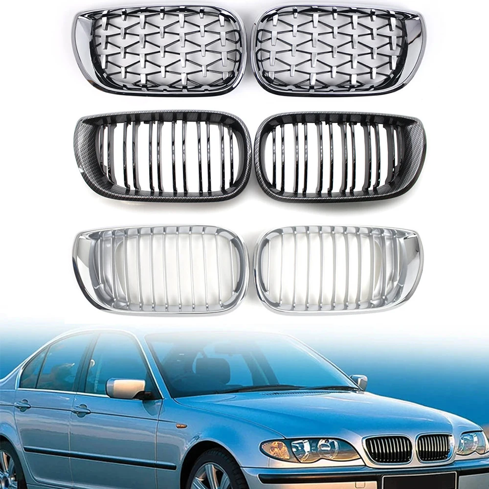 

Front Bumper Grill Grille Hood Chrome Carbon Fiber For BMW E46 Touring Saloon 4-Door 2002-2005 Facelift 51132158542 51132158543