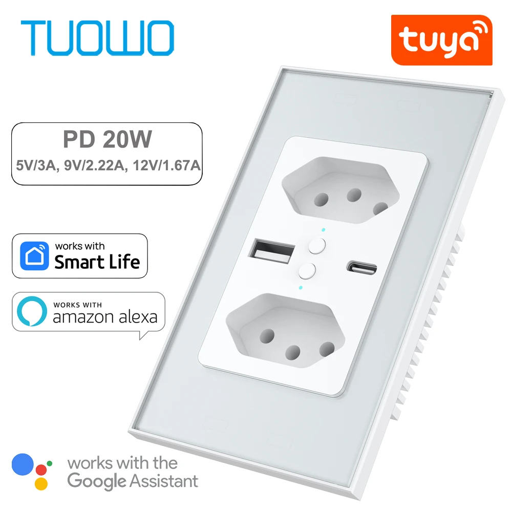 TUOWO Tuya Brazil Plug Dual 10A WIFI Wall Socket USB Type-C PD 20W Smart Outlet Glass Panel Voice Control Alex Google