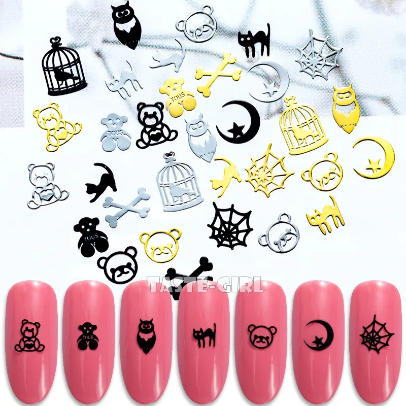 

400PCS/Pack Pop Halloween Element Metallic Nail Sequins Gold Silver Black Brone Cat Owl Nail Art Slice Decoration Manicure Tip